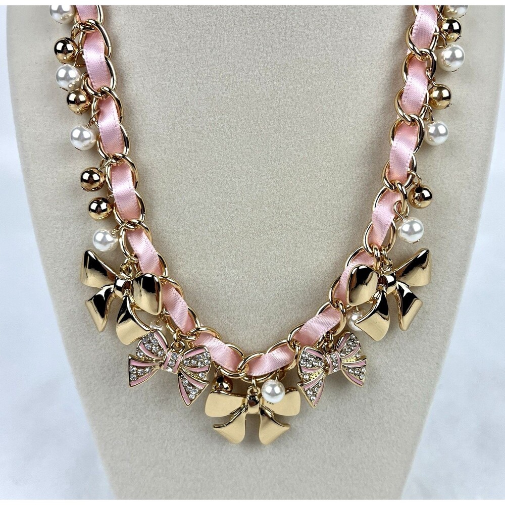 Pink Satin Ribbon Gold Bows Necklace Statement Gold tone Ballet core 8in